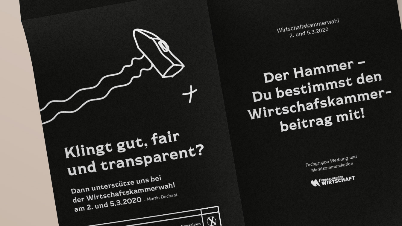 Vorschlaghammer. A3 Faltblatt für Martin und die Kreativen. Illustration und Grafikdesign von Simone Angerer.