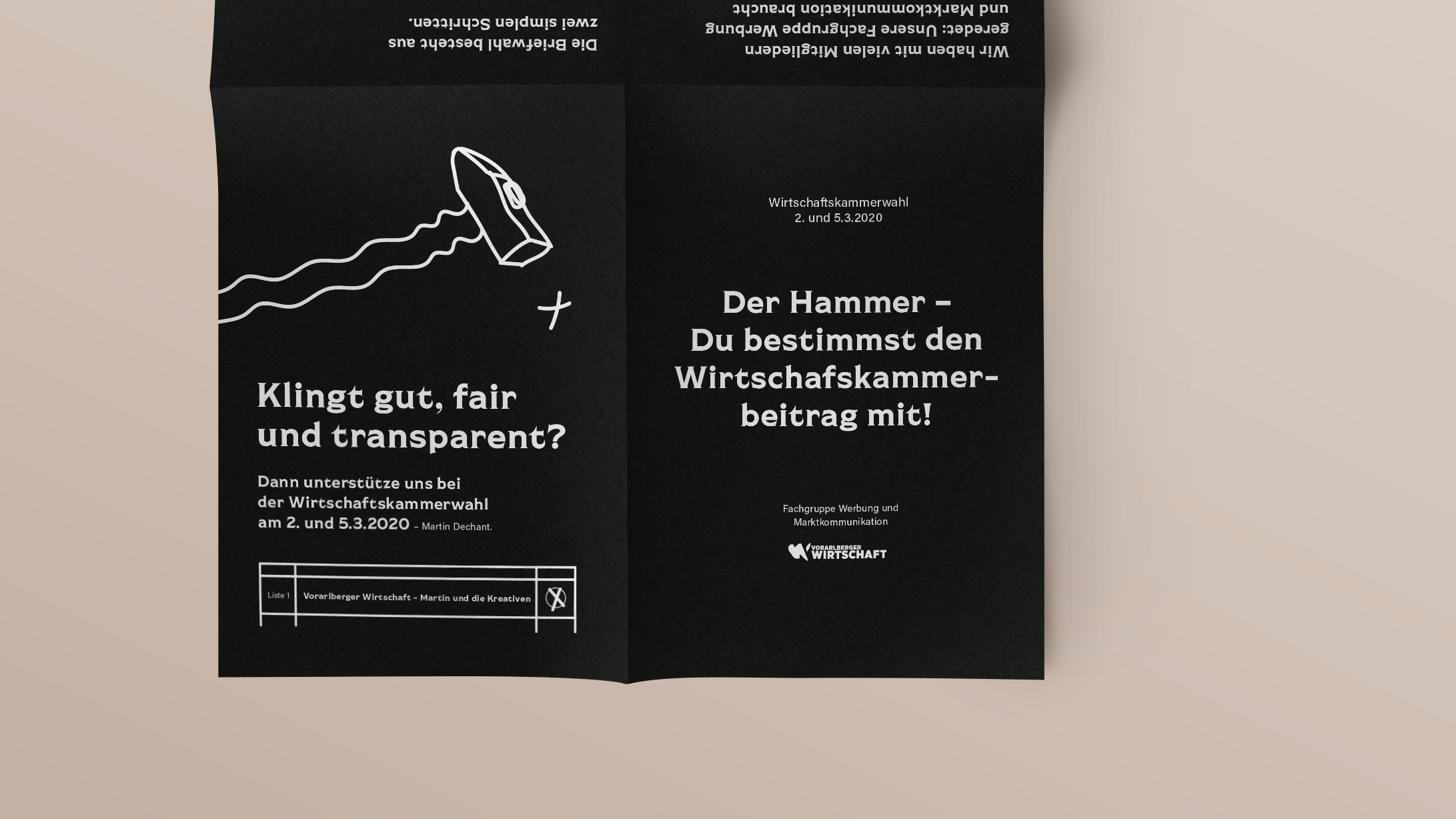 Vorschlaghammer. A3 Faltblatt für Martin und die Kreativen. Illustration und Grafikdesign von Simone Angerer.